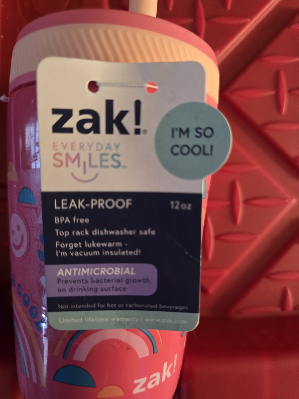 NWT - Zak! Everyday Smiles Leak-Proof Insulated Kids Bottle - Pink 12 Oz